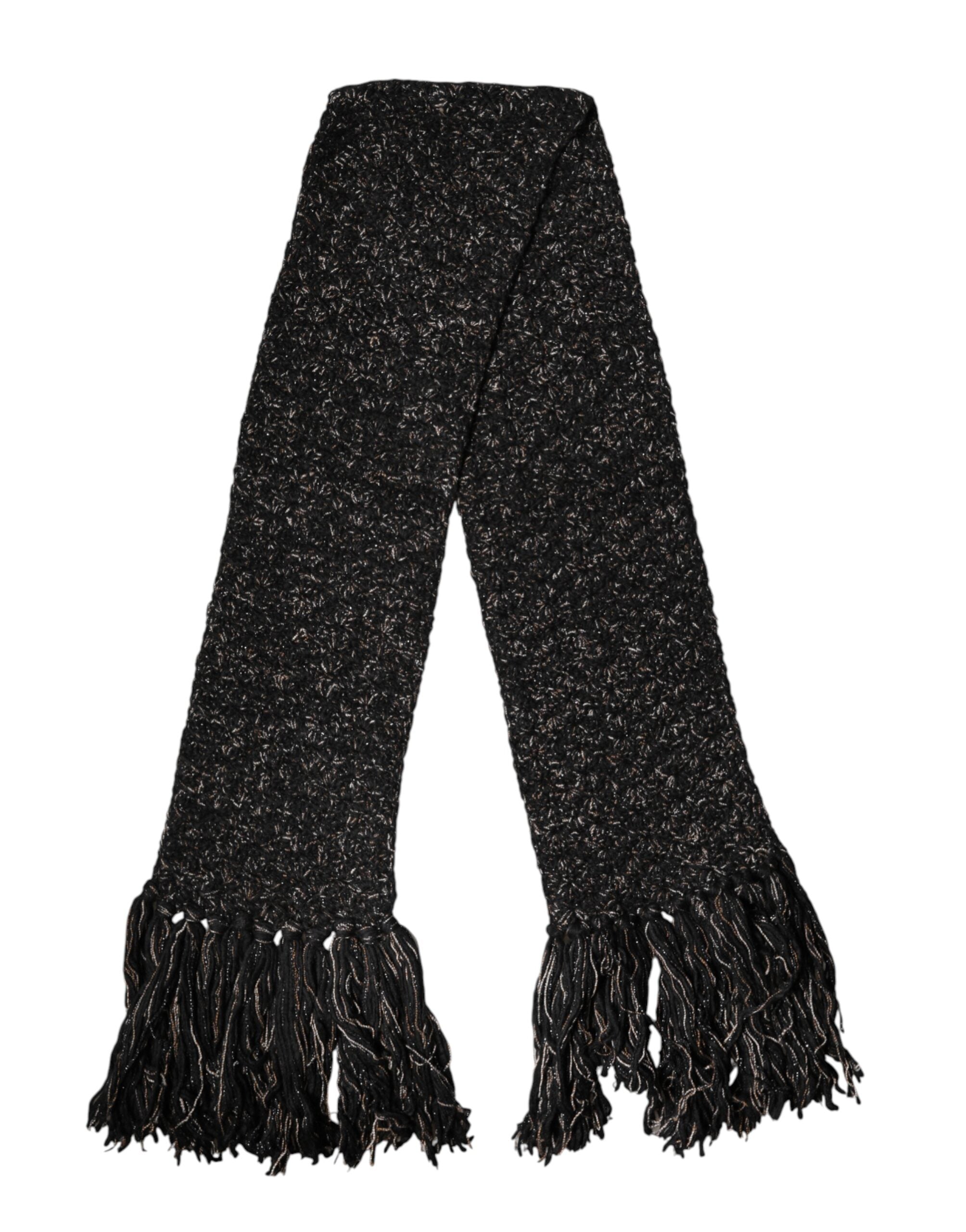 Dolce & Gabbana Black Wool Fringes Neck Wrap Foulard Scarf