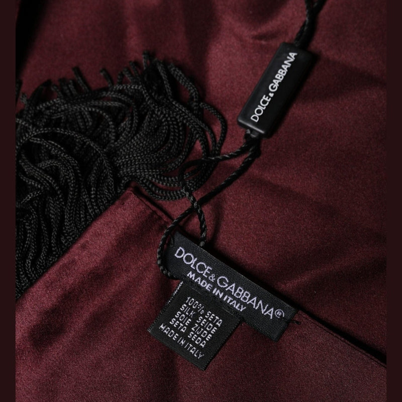 Dolce & Gabbana Maroon Silk Satin Fringes Neck Foulard Scarf