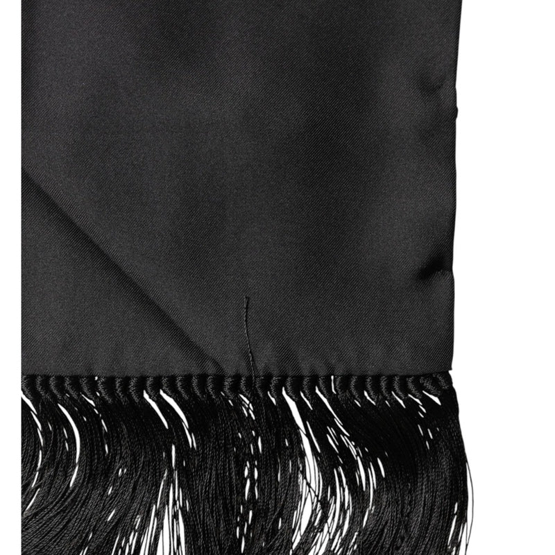 Dolce & Gabbana Black Satin Silk Fringes Neck Foulard 143.5cm x15cm Scarf