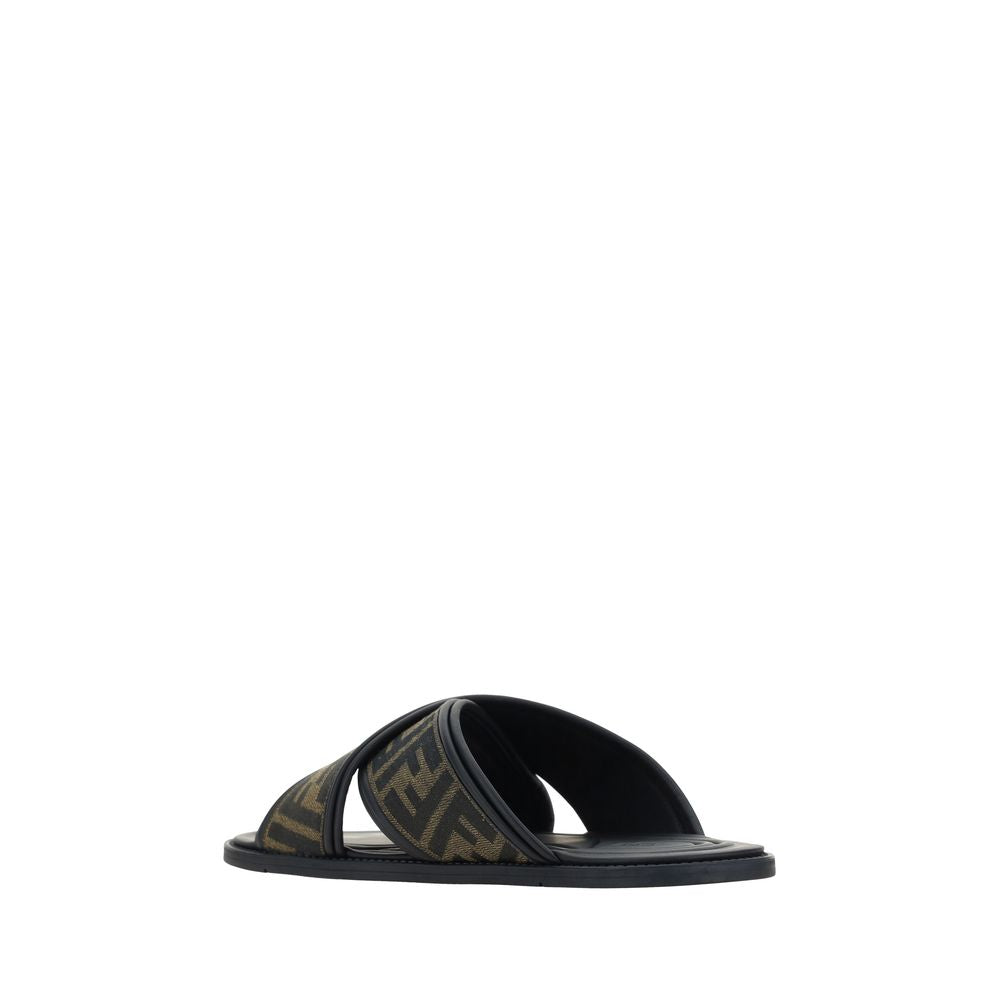 Fendi Black Calf Leather Bos Taurus Flat Sandals