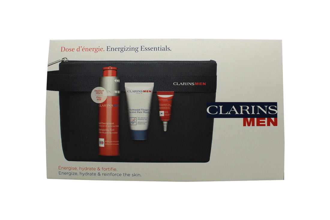 Clarins Men Present Set 50Ml Energizing Gel + 3Ml Energizing Eye Gel + 30Ml Active Face Wash + Bag – beauty &amp; skincare