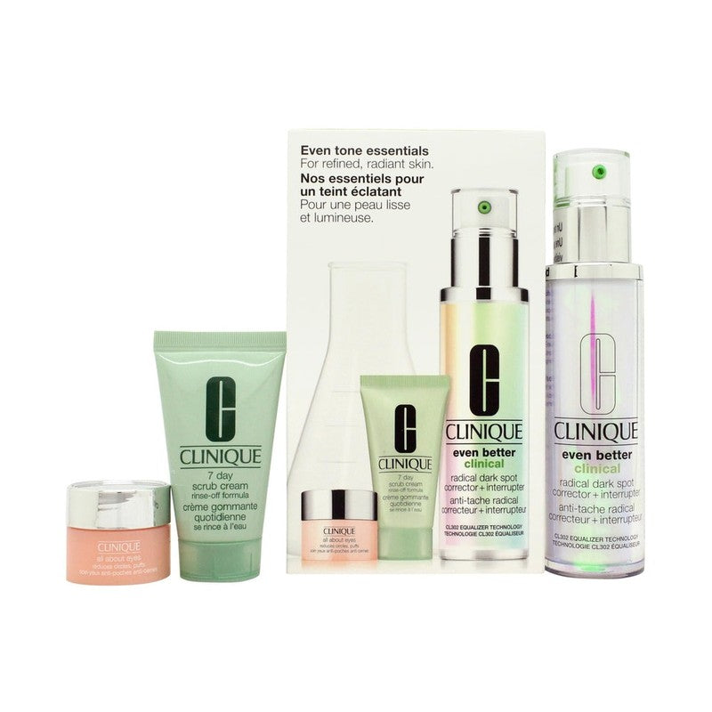 Clinique Even Tone Essentials Gift Set 50ml Even Better Clinical Radical Dark Spot Corrector + Interrupter + 30ml 7 Day Scrub Cream + 5ml All About Eyes